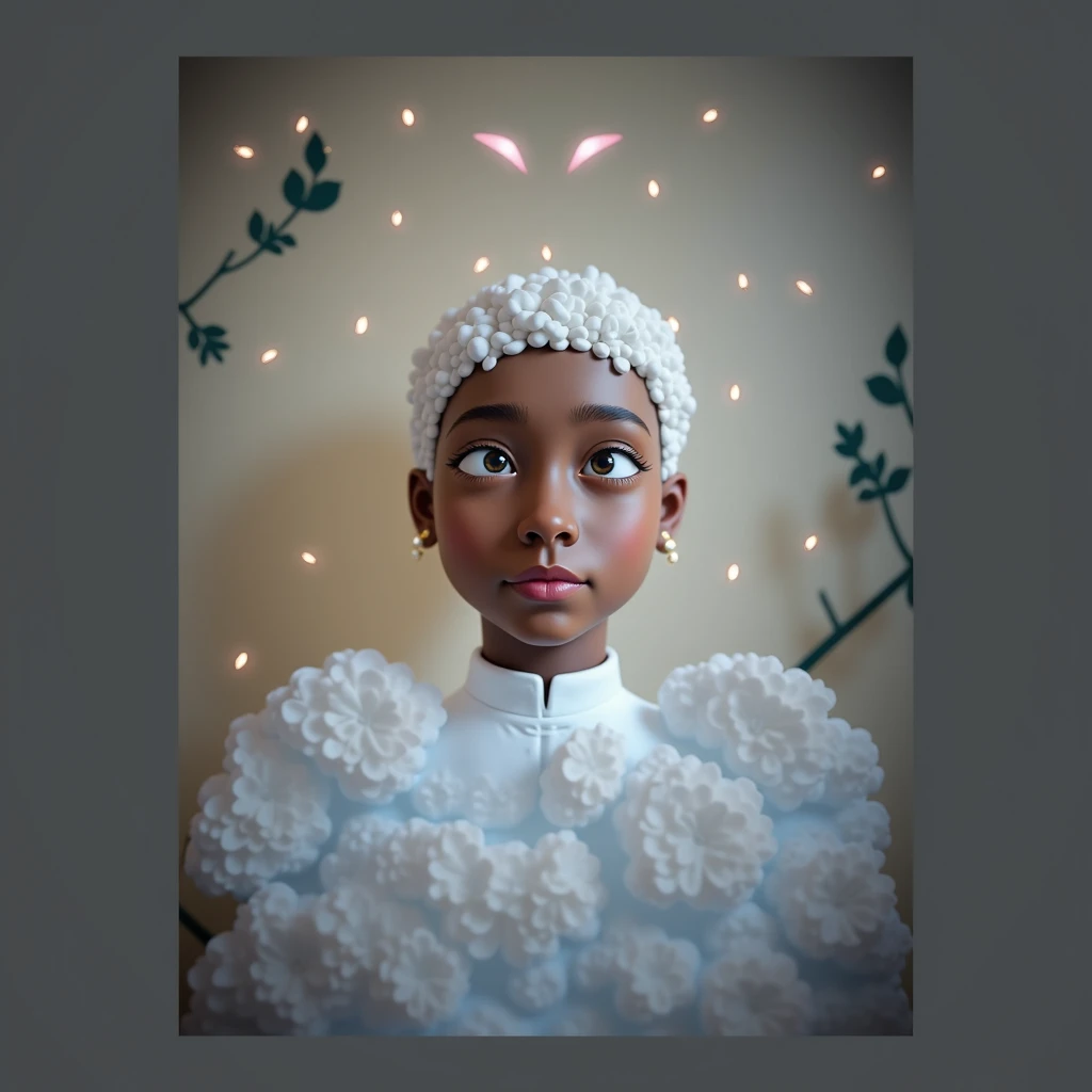 black woman with white sheets in the White Rose Garden