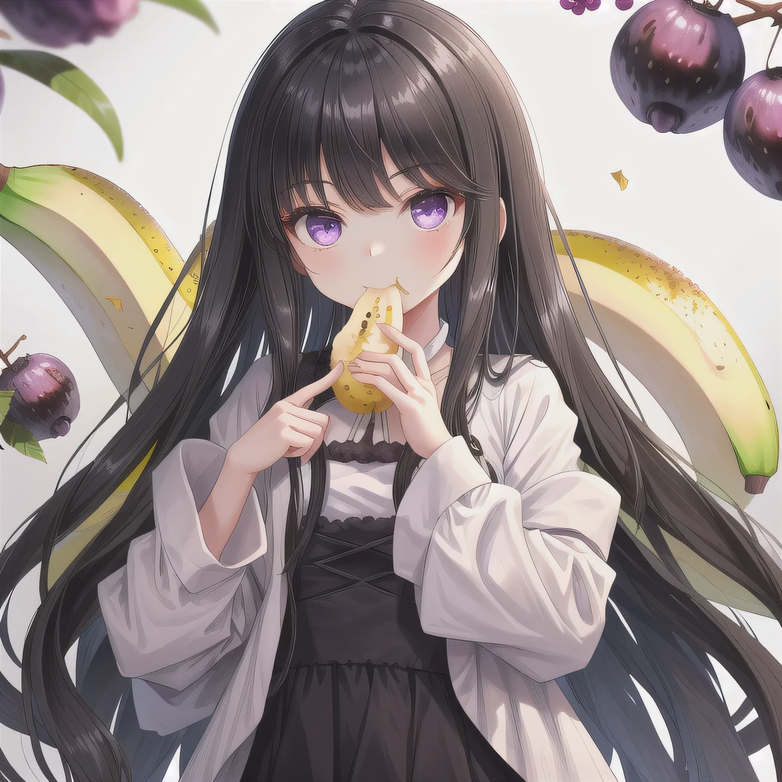 Japanese women、beautiful、One person、Upper Body、Black Hair、Long Hair、A lot of white mist coming out of my head、Drooling、With a slice of pineapple in his mouth、Looking at me sadly