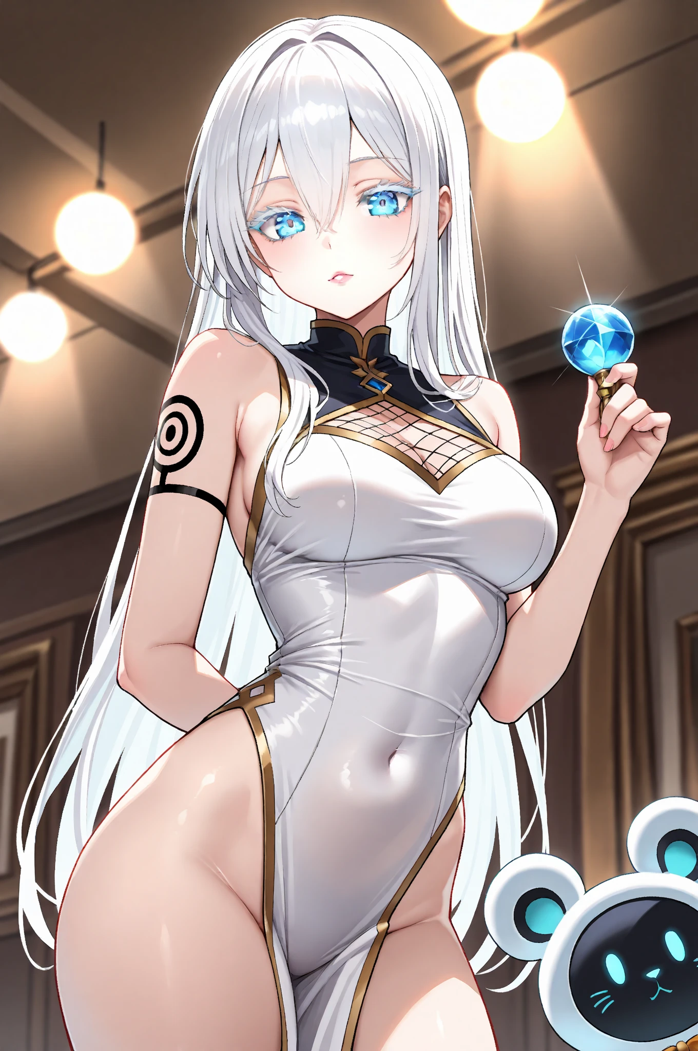 1 girl, (Masterpiece), dynamic lighting, dynamic colors, (scenery), best pose, (fantasy church setting), (((sexy, hot, ecchi, skimpy))), female, (milf, small head, small eyes, angular face, angular chin), (human), (cream white colored hair, long flowing hair, flowing hair, emerald green colored eyes, glowing eyes), sparkly eyes, (super inviting, super inviting eyes, super inviting pose, super inviting expression, super inviting smile, saintly pose, saintly expression), (((sexy saintly costume, skimpy saintly costume))), ((nude, naked, nipples, vagina)), (((super gigantic breasts, super massive breasts, oversized breasts))), (tall, lengthy body)