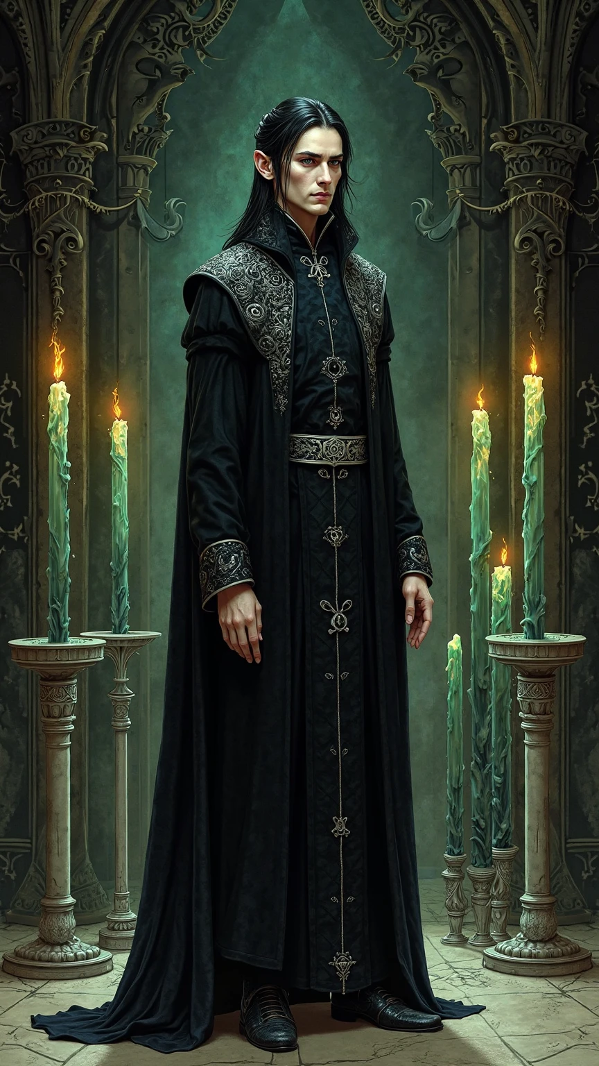 A realistic medieval fantasy portrait of Urrathon Night-Walker, a secretive and elegant inhabitant of Qarth, known for his strange house where glass candles burn, signaling the quiet return of magic to the world. Urrathon is tall and slender, with long, pale hands, and skin the color of old ivory, dressed in flowing robes of black and deep indigo, trimmed with embroidered silver sigils in arcane patterns.

His face is narrow and ageless, with high cheekbones, glittering black eyes, and a subtle, unreadable smile. His hair is jet-black, oiled and drawn back into a long tail, with silver rings woven into the strands. His presence is unnerving, graceful, and unnaturally still—like someone who listens to secrets carried on the wind.

He stands inside a dark chamber of marble and shadow, surrounded by tall, thin glass candles—strange, translucent green and black rods that burn with eerie, ghostly flames. The light they emit is cold and flickering, casting long, dancing shadows on the walls and across Urrathon’s face. Strange symbols are etched into the obsidian walls behind him, and faint whispers seem to linger in the air.

In the background, faint shapes of Qartheen architecture loom—spires, latticed windows, and silken curtains that sway like veils. The entire image feels like a dream teetering on the edge of a nightmare.

Style: dark fantasy realism with glowing magical elements, fine detail, and an atmosphere of old, creeping power and mystery—something between arcane scholar and sorcerer-king. 

The colors are natural and muted, with earthy tones and subtle highlights reflecting the sunlight. The thick ink lines and detailed shading evoke the classic style of medieval comic adaptations.
