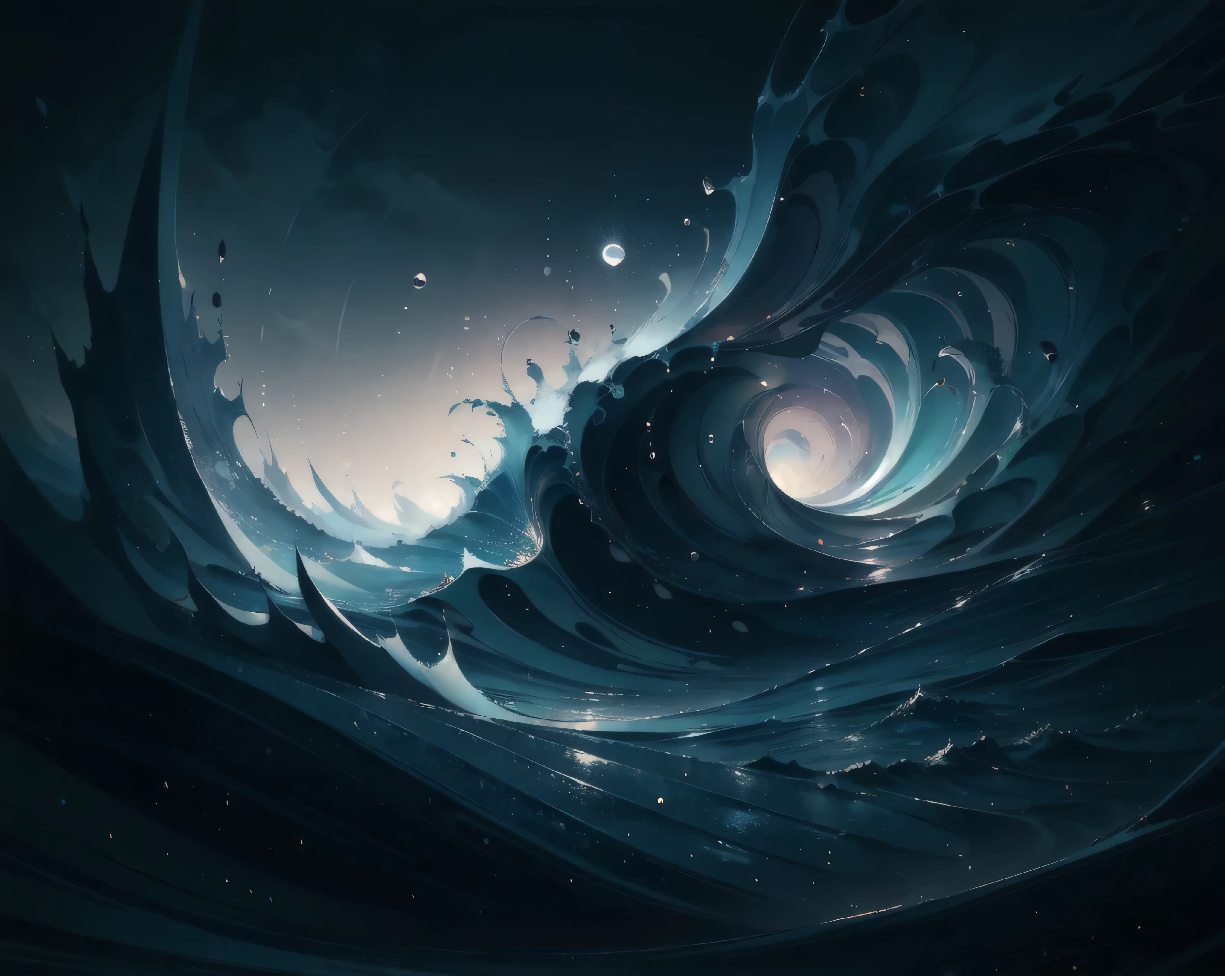 blue sea, waves, Lovecraft, It's hard to namea dark stormy seascape, crashing ocean waves, H.P. Lovecraft-inspired cosmic horror, detailed, moody, cinematic, dramatic lighting, chiaroscuro, dramatic shadows, muted colors, gloomy, foreboding, ominous, unsettling, 4K, HDR, ultra-detailed, photorealistic, studio lighting, physically-based rendering, vivid colors, bokeh