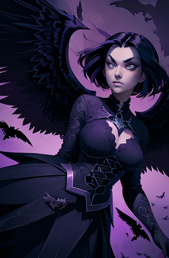 a dark haired woman with wings and a purple background, dark feathered wings, raven monster, dark fantasy style art, in style of dark fantasy art, raven wings, dark fantasy illustration, fantasy dark art, an ominous fantasy illustration, jen bartel, among ravens, dark illustration, dark fantasy art, raven, dark crow, by Yang J, dark art style