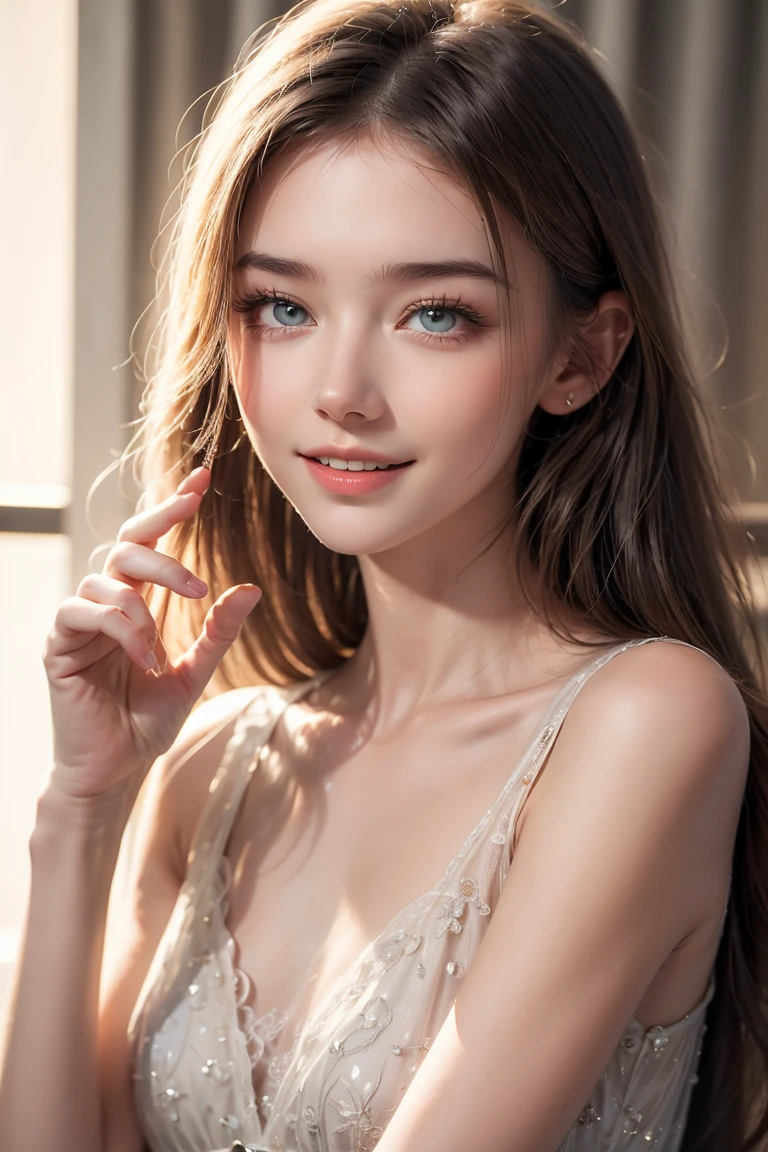 8k, 30 years old, View viewer, (((Attractive face)), Beautiful chiffon clothes, Ultra high quality, (Body from waist up)), Photo realistic, Beautiful face and eyes in every detail, (chestnut hair),One piece, (White marble background), Top quality, Very delicate and beautiful, High quality, Real, Fantasy, Real skin, Full color, Top quality, Very delicate and beautiful, Raw Photo Details, Professional Photography, Solo, Beautiful Lips, Top Quality, Real Skin, Full Color, Raw Photo Details, Realistic Photo