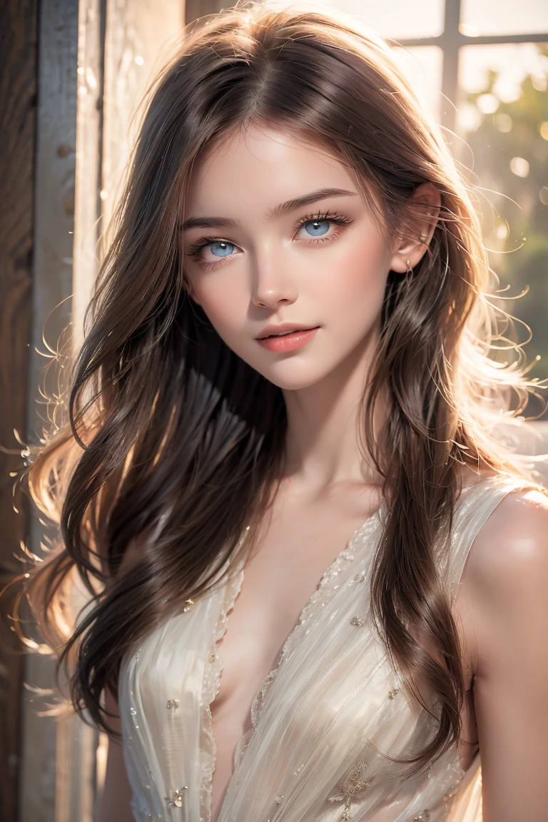 "An 18-year-old Belarusian woman with porcelain-white skin, lustrous straight black hair, captivating hazel eyes, and a harmonious facial structure featuring a high nose bridge. Her gentle smile and friendly demeanor exude warmth and approachability."