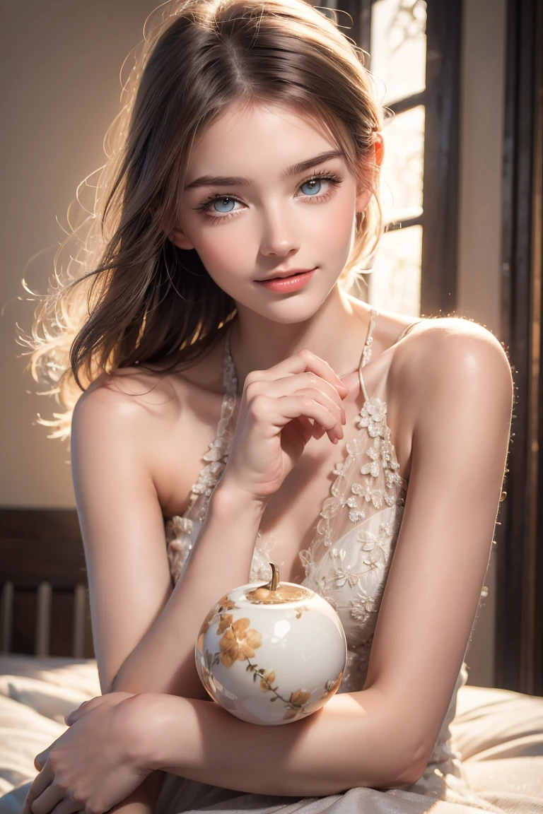 "An 18-year-old Belarusian woman with porcelain-white skin, lustrous straight black hair, captivating hazel eyes, and a harmonious facial structure featuring a high nose bridge. Her gentle smile and friendly demeanor exude warmth and approachability."