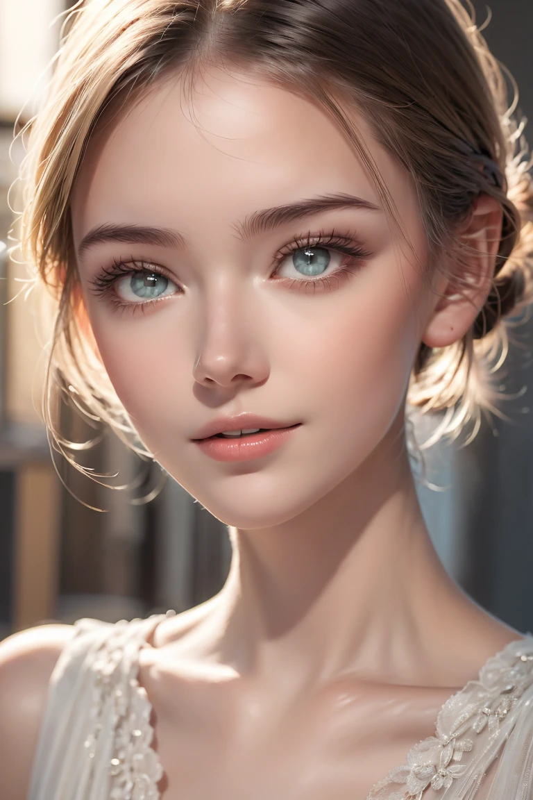 "An 18-year-old Belarusian woman with porcelain-white skin, lustrous straight black hair, captivating hazel eyes, and a harmonious facial structure featuring a high nose bridge. Her gentle smile and friendly demeanor exude warmth and approachability."