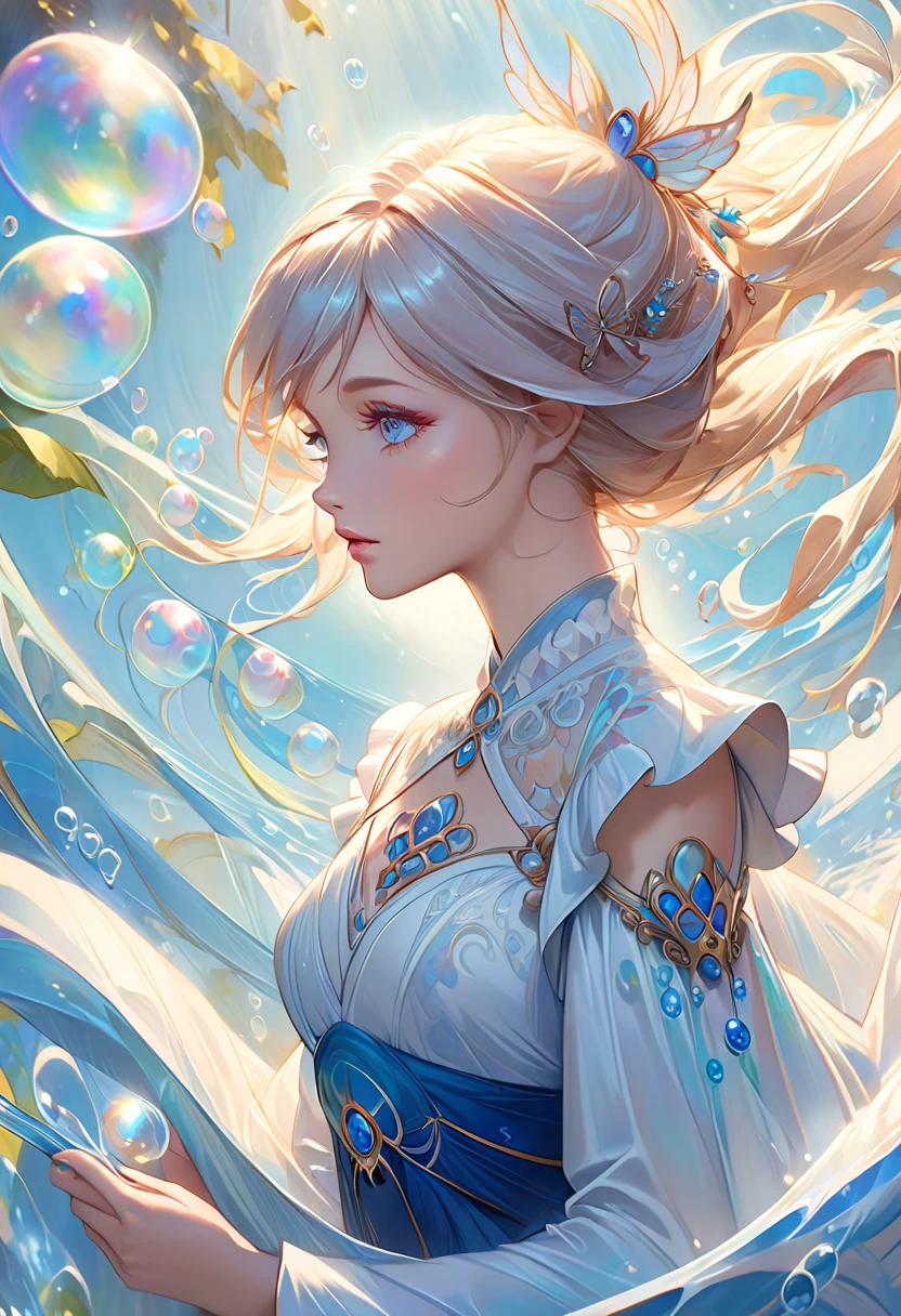 dress blowing soap bubbles in Anna Dittman style, Reusch and Wow, Mysterious Bubbles, Moebius + Reusch + Wow,  dreamy details, intricate Wow, Closeup Fantasy、Water Magic, Fairytale Style Artwork , Fairy tale painting, Picture of a woman in a, Wow art, realistic fantasy painting, Art Garm、Julie Bell、Beeple