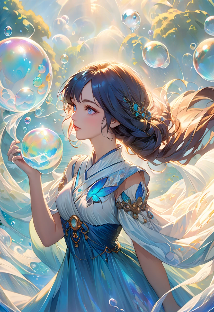 dress blowing soap bubbles in Anna Dittman style, Reusch and Wow, Mysterious Bubbles, Moebius + Reusch + Wow,  dreamy details, intricate Wow, Closeup Fantasy、Water Magic, Fairytale Style Artwork , Fairy tale painting, Picture of a woman in a, Wow art, realistic fantasy painting, Art Garm、Julie Bell、Beeple
