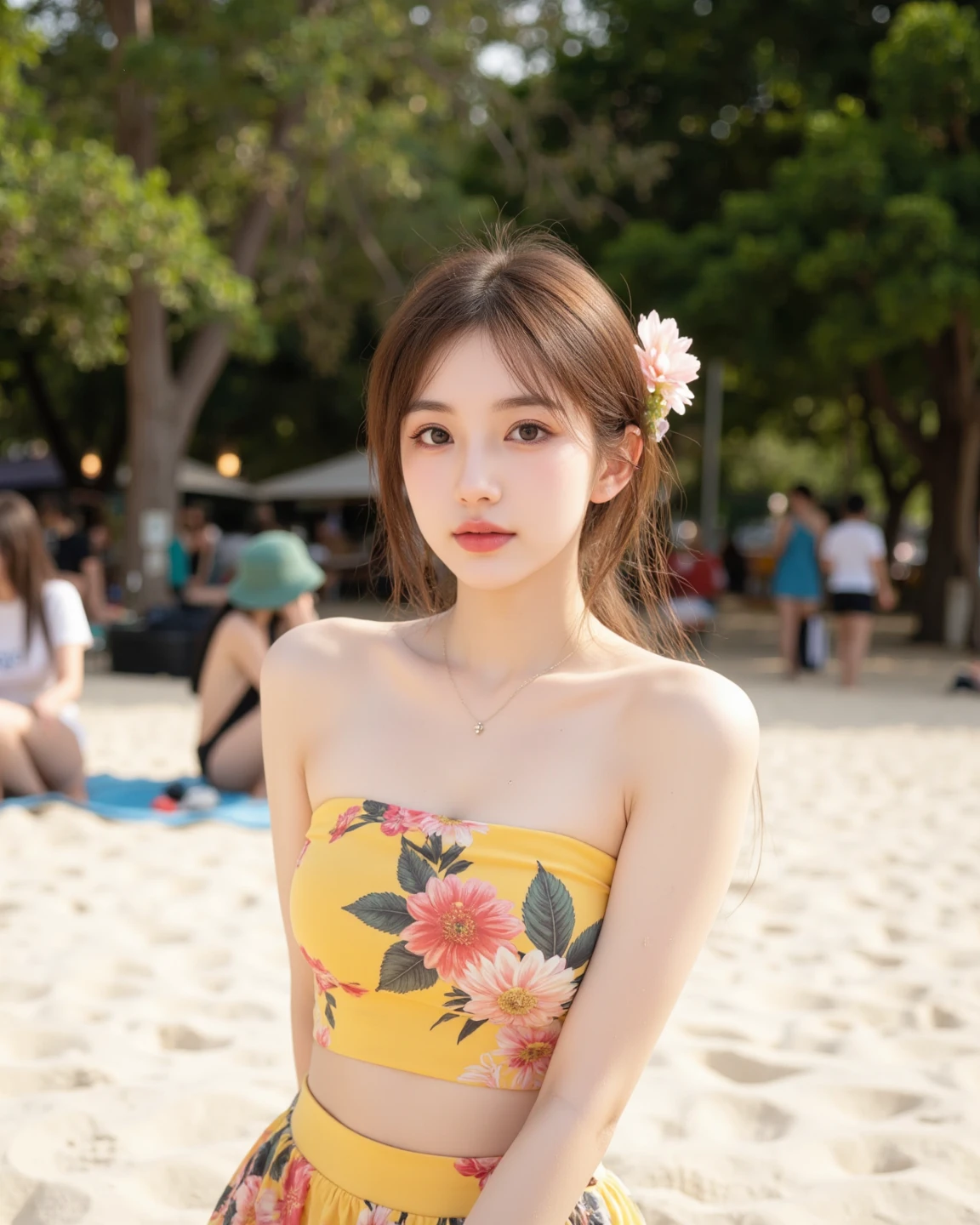 A photo of a beautiful Chinese girl with big eyes and long black hair with side bangs wearing a colorful floral halter top in the park. She has on a gold necklace and earrings. The photo was posted on Snapchat in the summer of 2018 in the style of casual photography.