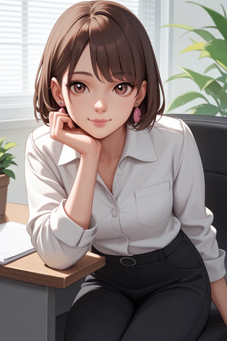  anime style、 one woman、pink lips、bungs、Dark、bob hair、 dark brown hair that also sucks、 short、Baby Face、round face、slender、normal breast、ajar eyes、brown eyes in the oral vagina、small pink earrings、office Lady、White suit、White blouse、open White jacket、glay pants、light smile、handrest