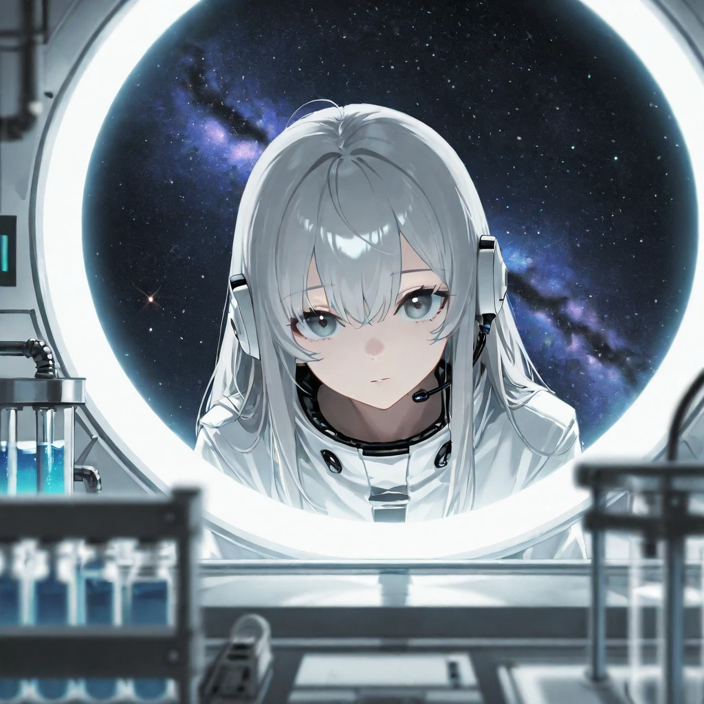 1girl, Solo,  Gray long hair ，Looking at viewer, White hole,starry sky,Blurry, High Resolution, Masterpiece, Best Quality, Detail, earphone，laboratory白大褂，laboratory，