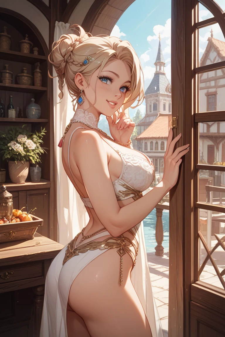 from the side,(Scenes,Fantasy Art,Highest image quality,Surreal主义肖像,(8k),Surreal,best quality,high quality,HD,High quality textures,High Detail,Beautiful and detailed,fine,Extremely detailed CG,Detailed texture,True representation of the face,On the table,present,Dynamic,bold),1 GIL,Ultra-delicate skin,curve,,Beautiful breasts,Huge Breasts,Pale skin,Pointed chest,stand erect,Ponytail,(Very thin hair),(Super soft hair),(Super straight hair),Sweep long bangs,very light copper amber hair,Hair covering one eye,Sportswear