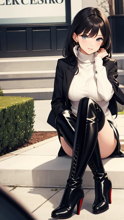full body, wide shot, dynamic angle, absurdres,original,extremely delicate and beautiful,beautiful detailed eyes and face,1girl, sitting, crossed legs, black_hair, twintails, looking_at_viewer, solo,(masterpiece:1.4),(best quality:1.4), sweater, open jacket, pencil skirt, scarf, medium breasts, red eyes, very long hair, (black pantyhose:1.2), blunt bangs, black leather thigh boots, sugar_botz, <lora:SUGARV2-000008:0.65>