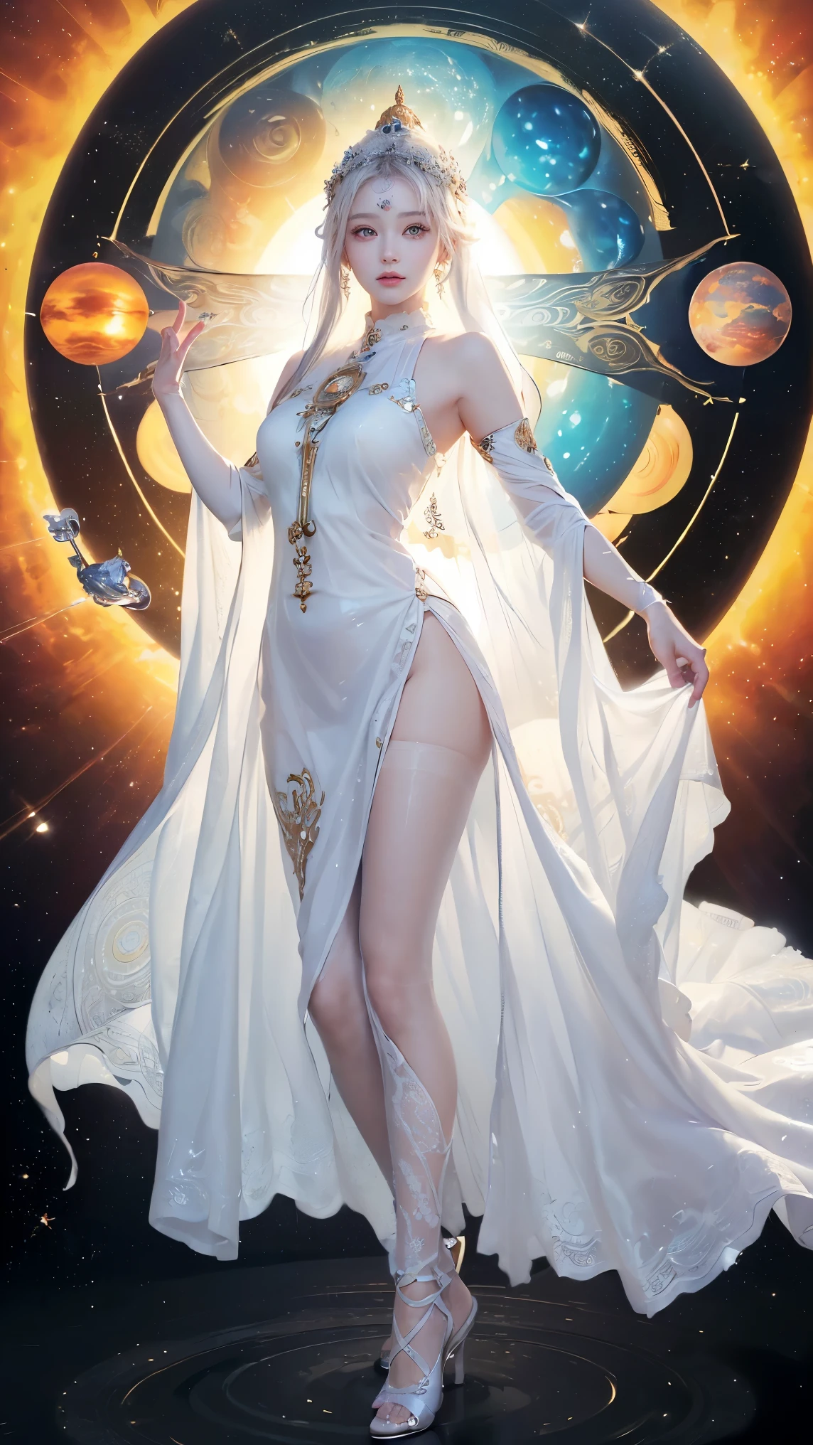 full body pale albino woman, deusa celestial e figura imponente, com pele radiante e luminosa, olhos azuis profundos e cabelos albinos. Your voice is melodious and your presence is majestic. Adornado com vestes brancas e douradas, She is the embodiment of divine beauty and perfection, A keeper of the secrets of the universe, and a source of inspiration and hope.