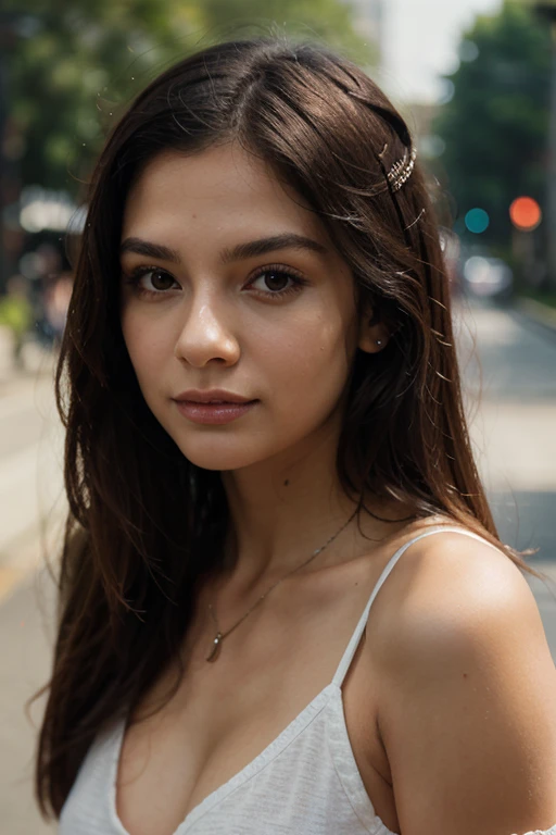fotorrealista, ultra detallado, mujer hermosa, foto retrato, Solo, haciendo ejercicio, vistiendo top corto ,mirando a la camara ,escena brillante, Bright morning, La esencia de la vida real, Brown hair, twenty years old, alegre , Linternas, escote medio ,cielo cristalino, analog style, film grain, mejor sombra, primitivo, LUT de Instagram.