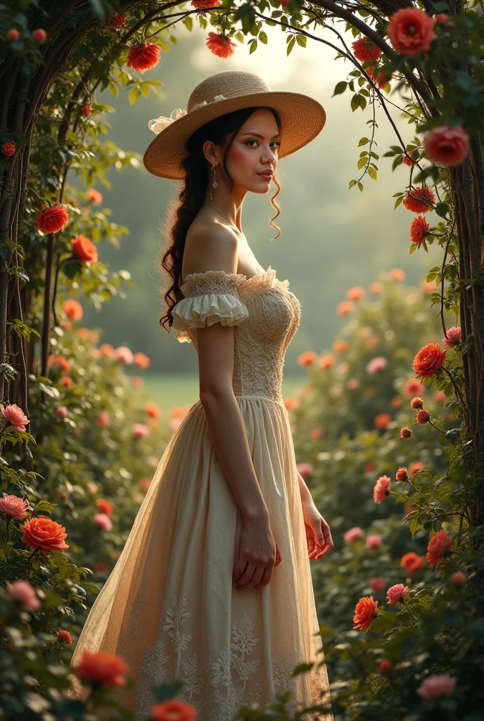 Create a 17th century style photograph where the woman is in a flowery garden and is wearing a Victorian dress and wearing a hat