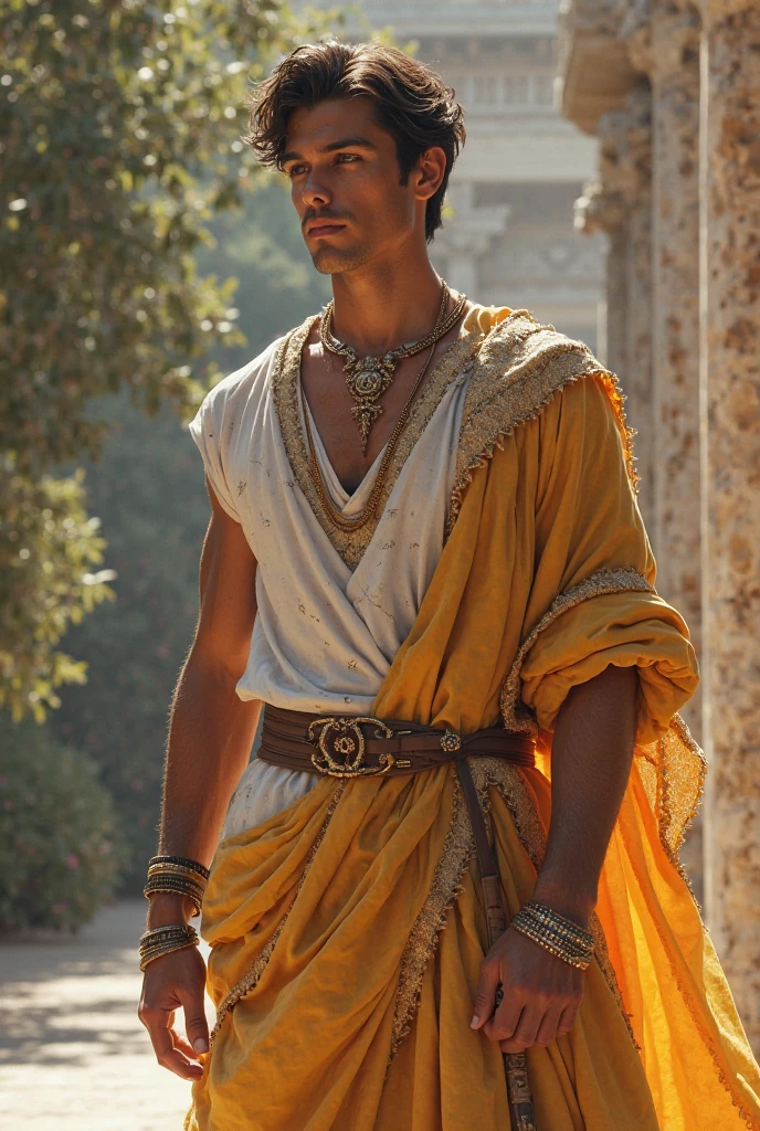 Young handsome cute white skin white soft skinny beautiful face shirtless In the Arena decert dressed in golden Arab clothing with a winged camel age 27 years