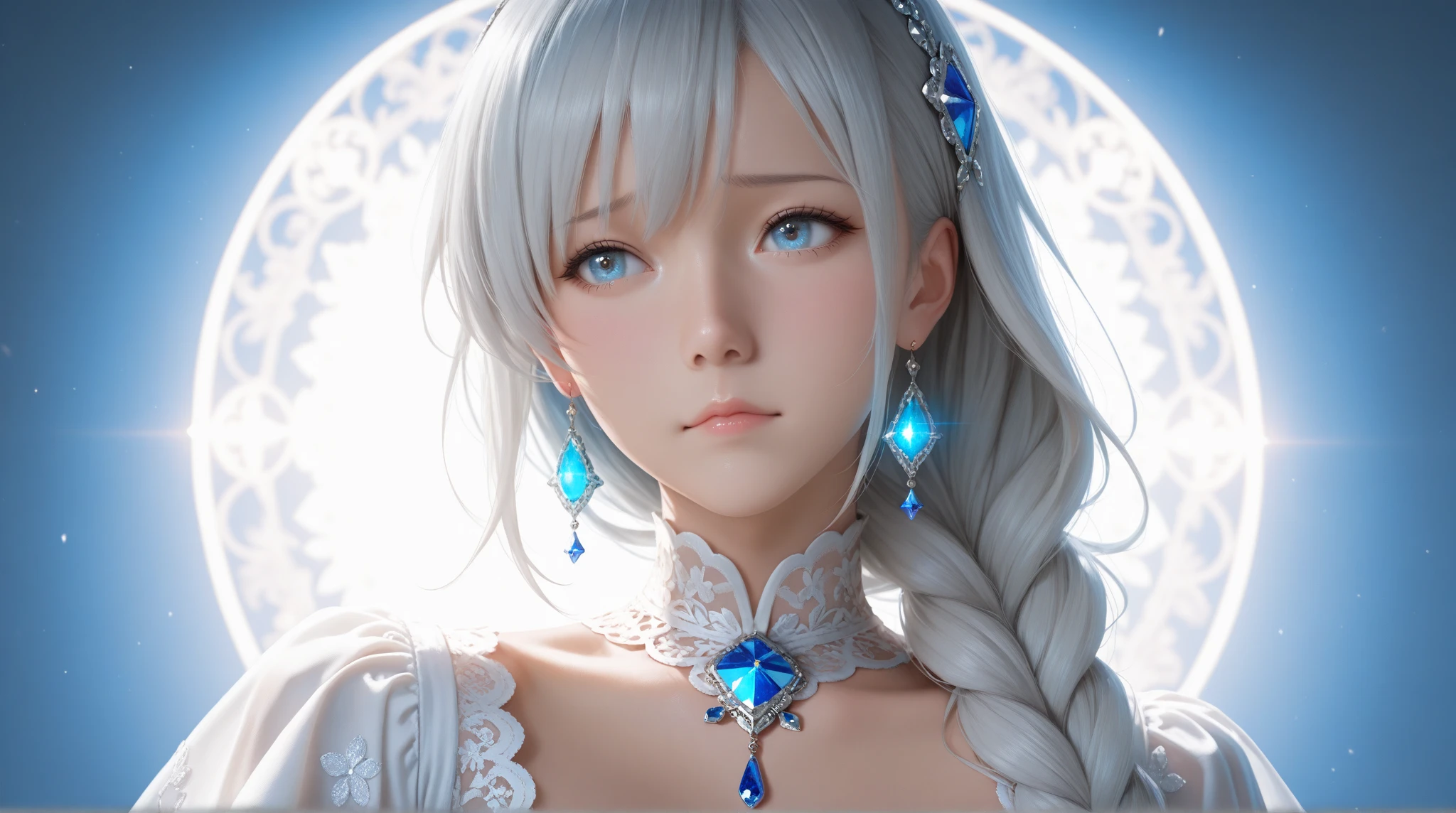((masterpiece)), ((best quality)), ((photorealistic)), (high resolution), (8K, 4K), RAW photo, DSLR photo, ultra-detailed, cinematic lighting, bokeh. realistic female, perfect face, natural body proportions, realistic skin texture, detailed eyes, catchlight, realistic fabric, clothing folds, soft shadows, ambient light, HDR, lens flare, low angle, close-up, depth of field, soft lighting, film grain, Anime girl, light-gray hair braided, large, expressive blue eyes, sad expression,  age, wearing a dark blue, flowing dress adorned with delicate lace, intricate details, and sparkling blue accents. Subtle, sparkling, blue jewels and adornments. Long flowing silver-white hair. Soft, glowing light and dynamic glowing particles surround her. Deep blue background with ethereal sparkling energy patterns. High-detail anime style, detailed, dreamy, ethereal atmosphere. Radiant lighting, sharp focus on subject, digital painting aesthetic.
