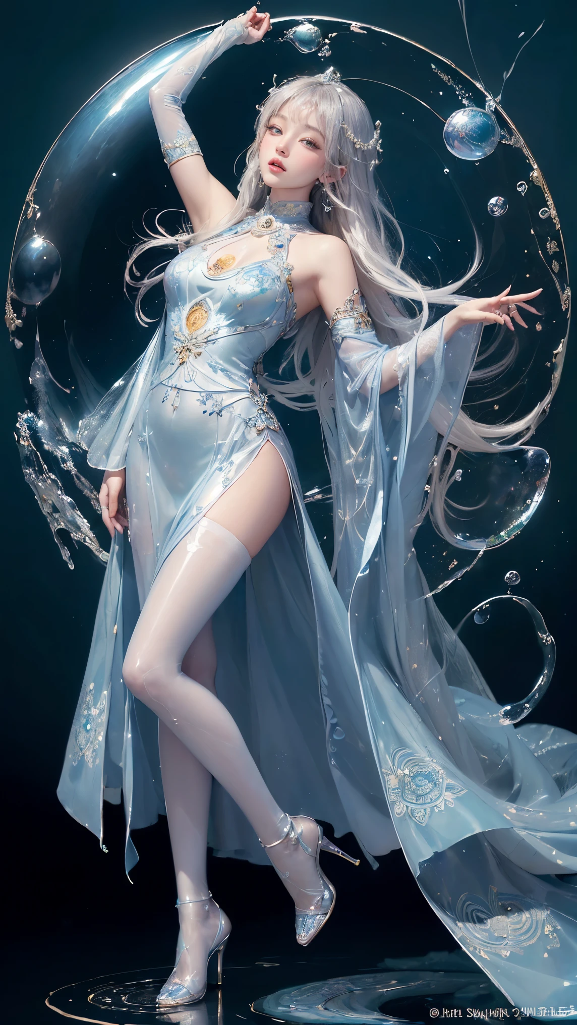 (masterpiece, top quality, best quality,1girl, long hair, (glowing:1.15), (team:1.1), (monarch:1.05),Long coat,surrounded by huge Chinese dragons,dragon open mouse,1girl,solo,light_blue_hair,liquid hair, long hair,floating hair, standing,sundress, liquid clothes, water,waves, tsunami,tide,sea,water dress, negative space,,