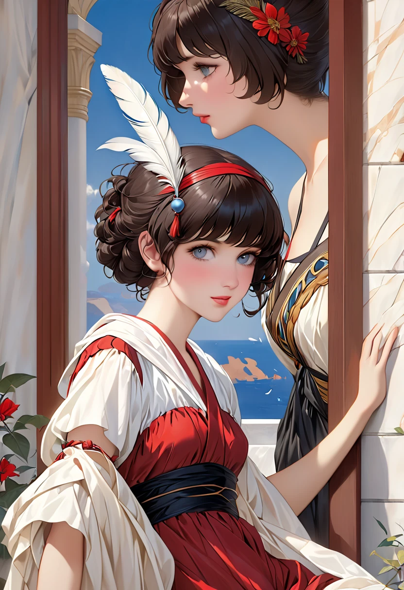 in classical art portrait、 depicts a age girl seducing with feathers, (art:1.4), Eugene De Blaas,  John William Godward , Bugeroo