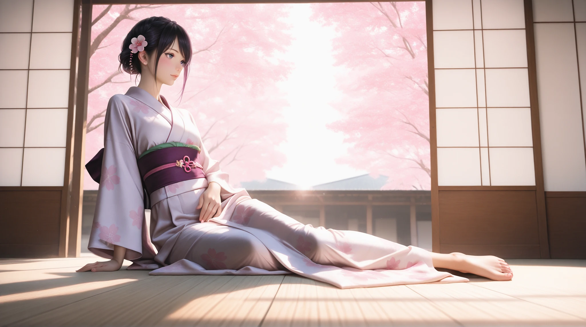 ((masterpiece)), ((best quality)), ((photorealistic)), (high resolution), (8K, 4K), RAW photo, DSLR photo, ultra-detailed, cinematic lighting, bokeh. realistic female, perfect face, natural body proportions, realistic skin texture, detailed eyes, catchlight, realistic fabric, clothing folds, soft shadows, ambient light, HDR, lens flare, low angle, close-up, depth of field, soft lighting, film grain, Anime style young woman, Asian, , wearing traditional Japanese kimono, light purple and white with vibrant pink floral patterns. Elegant, detailed kimono with a rich purple obi (sash) and pink accents. Long black hair in a bun with flower ornament, softly cascading down her back. Large, expressive, light purple eyes with a gentle, serene expression. Delicate features, soft blush on cheeks. Seated pose, hands gently clasped in her lap. The background features a beautiful cherry blossom tree in full bloom, soft pink and light purple hues, creating a serene and romantic atmosphere. Traditional Japanese-style wooden structure with visible roof details. Natural lighting, soft shadows, highlighting the delicate details of the kimono and her hair. Soft focus, detailed rendering of fabrics and flowers. Quiet, peaceful, romantic aesthetic. Art style is anime-inspired, featuring smooth lines, saturated colors and soft lighting. Full body shot, medium close-up perspective.
