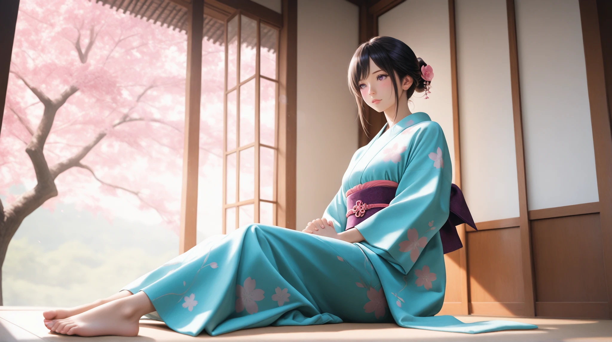 ((masterpiece)), ((best quality)), ((photorealistic)), (high resolution), (8K, 4K), RAW photo, DSLR photo, ultra-detailed, cinematic lighting, bokeh. realistic female, perfect face, natural body proportions, realistic skin texture, detailed eyes, catchlight, realistic fabric, clothing folds, soft shadows, ambient light, HDR, lens flare, low angle, close-up, depth of field, soft lighting, film grain, Anime style young woman, Asian, , wearing traditional Japanese kimono, light purple and white with vibrant pink floral patterns. Elegant, detailed kimono with a rich purple obi (sash) and pink accents. Long black hair in a bun with flower ornament, softly cascading down her back. Large, expressive, light purple eyes with a gentle, serene expression. Delicate features, soft blush on cheeks. Seated pose, hands gently clasped in her lap. The background features a beautiful cherry blossom tree in full bloom, soft pink and light purple hues, creating a serene and romantic atmosphere. Traditional Japanese-style wooden structure with visible roof details. Natural lighting, soft shadows, highlighting the delicate details of the kimono and her hair. Soft focus, detailed rendering of fabrics and flowers. Quiet, peaceful, romantic aesthetic. Art style is anime-inspired, featuring smooth lines, saturated colors and soft lighting. Full body shot, medium close-up perspective.
