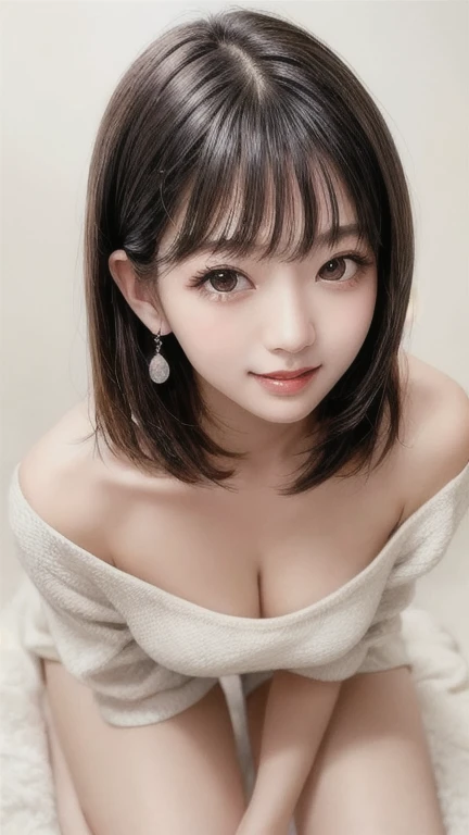 Realistic、(masterpiece、Highest quality、Highest quality、Official Art、Beautiful and aesthetic:1.2)、Very detailed、woman，people々turn black:1.2，((Backlighting:1.2))，Fractal Art、colorful、Short Bob Hair，Highest detail、Tangled、(The background is bright and abstract:1.5)Silver Hair、Bright Eyes、all back、Masseter muscle area，High definition，1peopleの少女、Idol、Close-up、clavicle、picture、movie、Depth of written boundary、Jito Order、Eyes from below，Long Hair，View your viewers、Cleavage，((surrealist clothes:1.4))，Puffy eyes，Sit on，(Big Breasts)