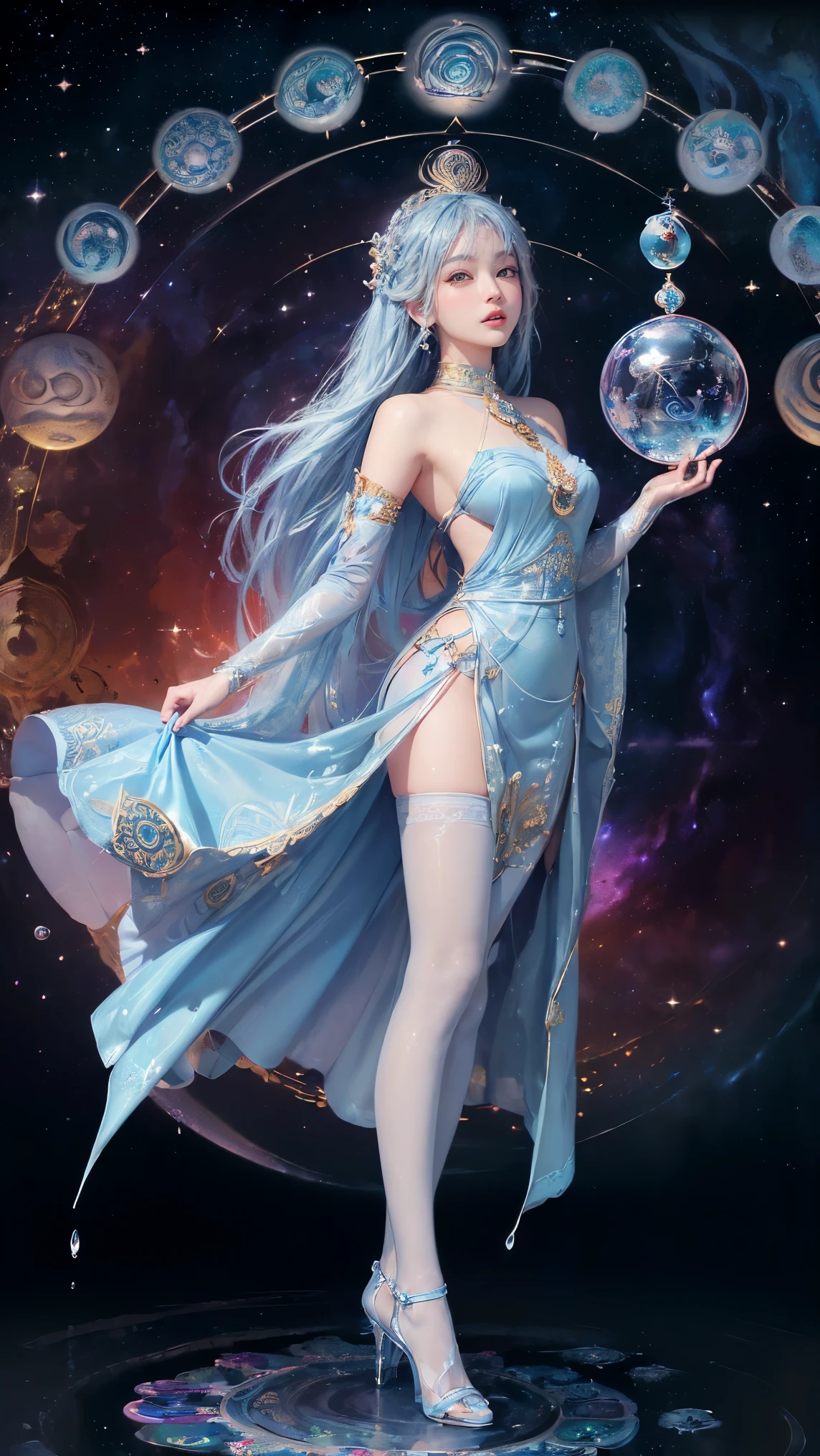 a girl with long flowing blue hair, striking blue eyes, flawless skin, elegant pose, ethereal, cosmic galaxy flowing around her, swirling clouds of colorful nebulae, shimmering stars, glowing energy tendrils, dreamlike, intricate detailed painting, cinematic lighting, highly detailed, photorealistic, 8k, masterpiece