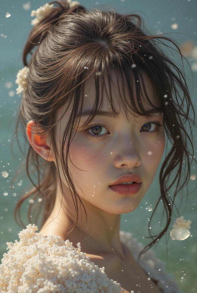 (Best quality, 8k, 32k, Masterpiece, UHD:1.2),Photo of Pretty Japanese woman, 1girl, (large breasts), (tall female), (abs), (lips), (medium-short dark brown hair), double eyelid, wet skin, thong, realistic ray light, beach