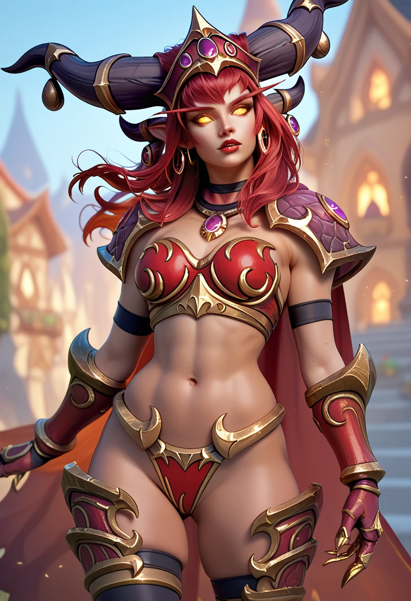 (masterpiece, best quality:1.3)
WowAlexstrasza, 1girl, solo, long hair, breasts, looking at viewer, smile, gloves, navel, medium breasts, sitting, closed mouth, braid, horns, choker, midriff, pants, cape, armor, orange eyes, fire, shoulder armor, red cape