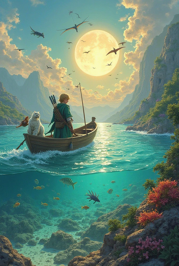 Recreate a scene from a book where the characteristics are as follows:: The boat had a young archer in green clothes with his bow and small axe, he has blond hair, On the boat there is a wingless baby dragon with Golden energy and a snow panther, Entering the Magical Archipelago, with isolated blue-skinned people, of A radiant sun in an idyllic setting of paradisiacal islands in the middle of a turquoise sea, scorching sun reflecting off the sea surface, seabed composed of
white sand and colorful coral reefs,  fine white sand beach on one of the many
Islands, Tropical vegetation, deep
From the sea that reached it with corals of different colors, Put on the landscape a shoal of multicolored fish passed underneath
 From the boat 