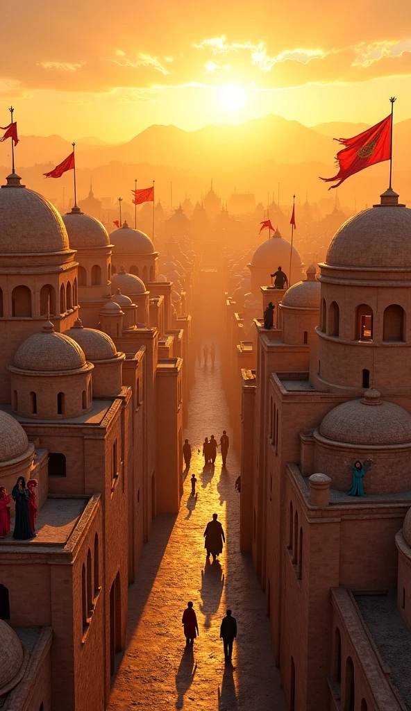 "An ancient cityscape of Merv, with domed roofs and narrow alleys glowing at sunset. In the distance, banners wave and persian people wearing colorful traditional Persian clothes, stand on rooftops. There's movement in the streets as the city prepares for change."