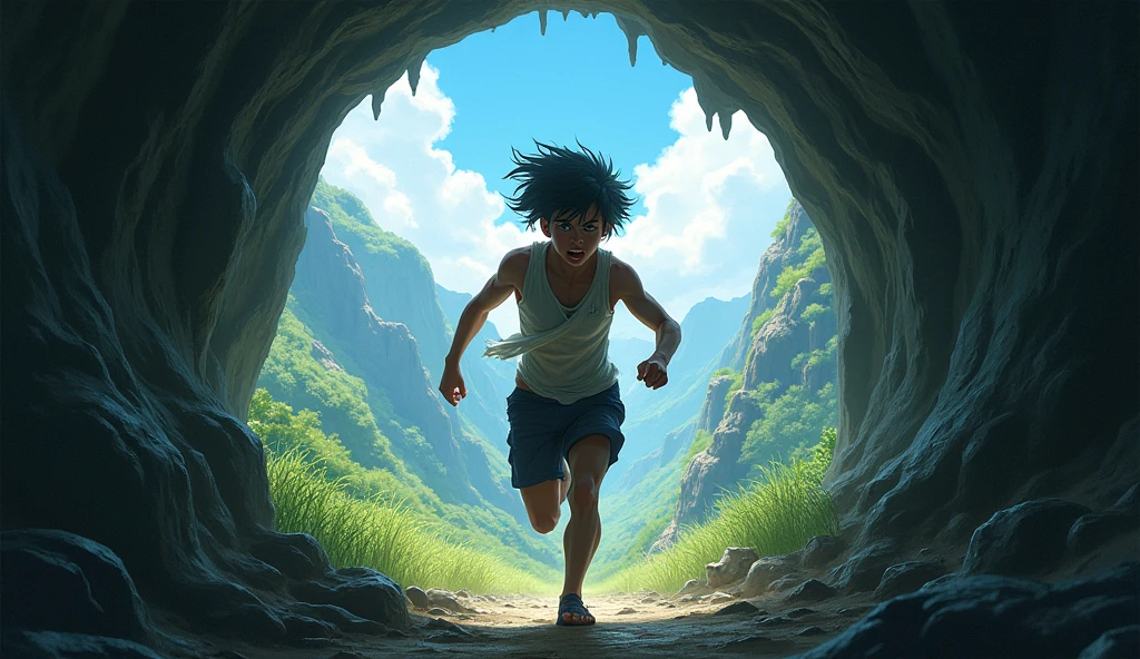 ren run out of a scared cave to the outside