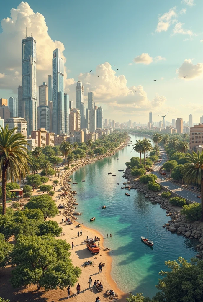 Sudan in the future : Imagine a bustling city with modern skyscrapers and green parks, where technology seamlessly integrates with daily life. Solar panels and wind turbines stand alongside traditional markets, showcasing a blend of heritage and innovation. People from diverse backgrounds engage in community activities, using digital platforms to connect and collaborate. Environmental sustainability is prioritized, with clean rivers and wildlife conservation areas.