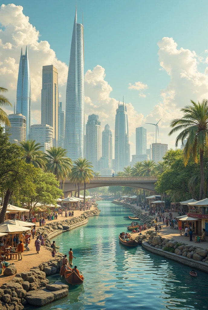 Sudan in the future : Imagine a bustling city with modern skyscrapers and green parks, where technology seamlessly integrates with daily life. Solar panels and wind turbines stand alongside traditional markets, showcasing a blend of heritage and innovation. People from diverse backgrounds engage in community activities, using digital platforms to connect and collaborate. Environmental sustainability is prioritized, with clean rivers and wildlife conservation areas.