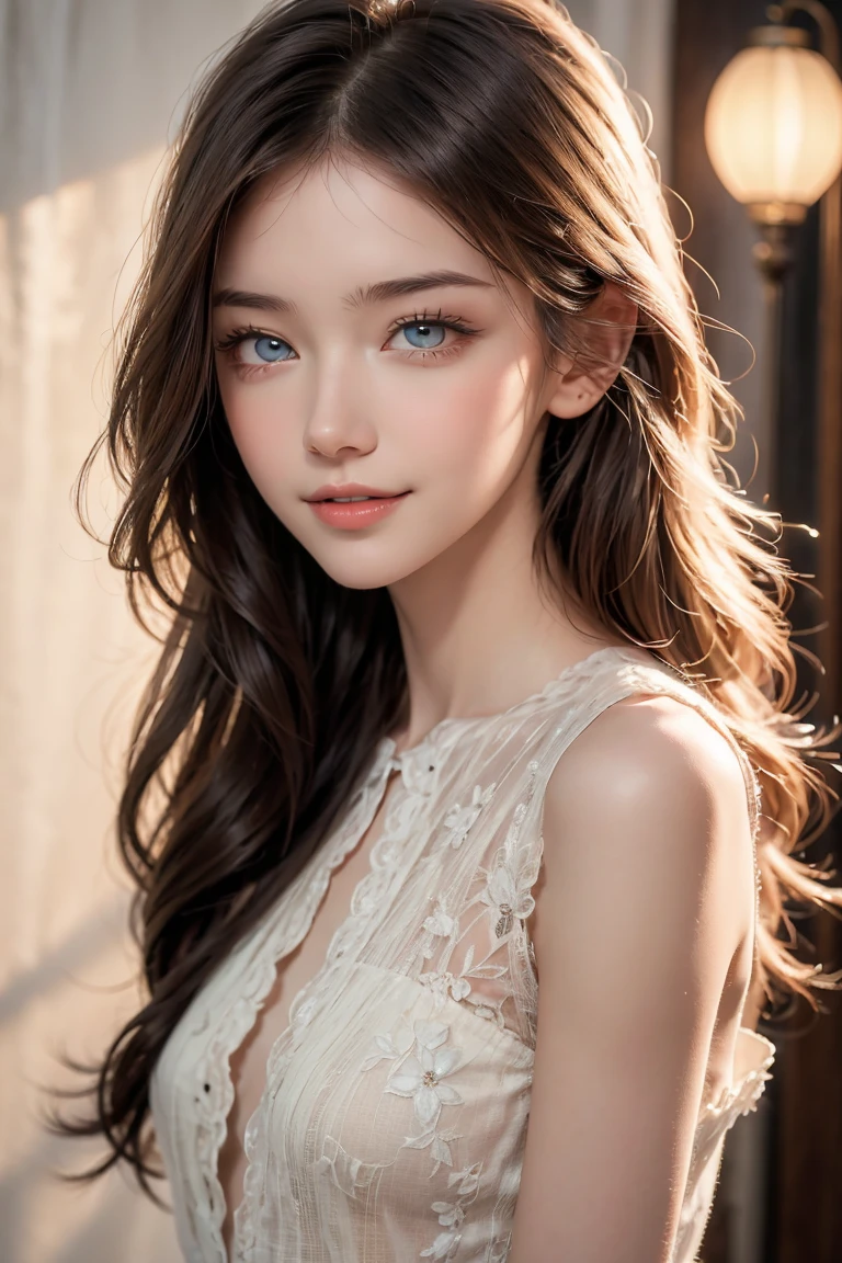 "An 18-year-old Belarusian woman with porcelain-white skin, lustrous straight black hair, captivating hazel eyes, and a harmonious facial structure featuring a high nose bridge. Her gentle smile and friendly demeanor exude warmth and approachability."