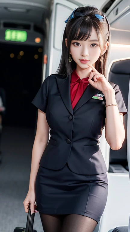 1Japanese woman, Solo, 30-years old, (Cabin Attendant Uniform:1.3), Smile, fluffy brown eyes, Beautiful face, Black short hair, (Huge breasts), (Detailed face), Detailed lips, Detailed face, Detailed chest, detail, Perfect body, Standing, Cowboy Shot, ((Background: in an airplane)), 8K, of the highest quality, Intricate details, Ultra Detail, Ultra High Resolution, masutepiece,