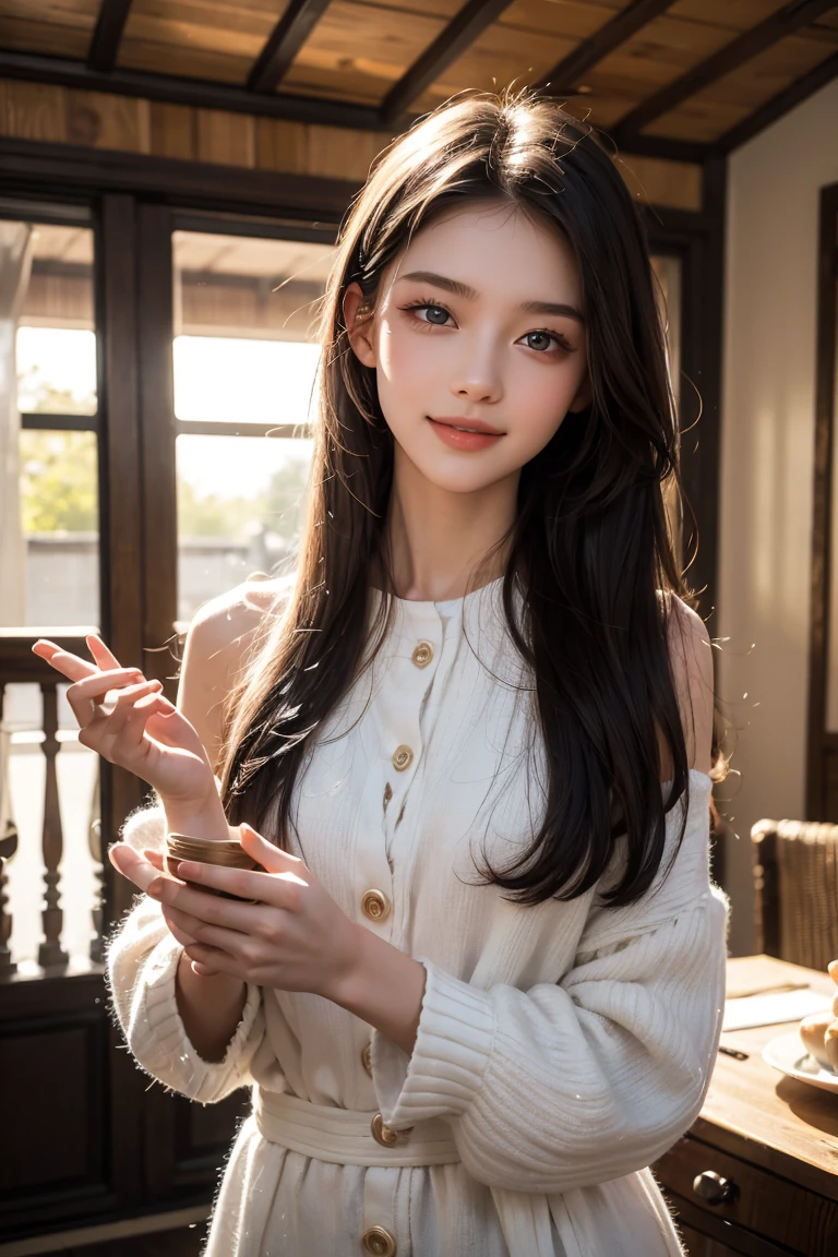 "An 18-year-old Belarusian woman with porcelain-white skin, lustrous straight black hair, captivating hazel eyes, and a harmonious facial structure featuring a high nose bridge. Her gentle smile and friendly demeanor exude warmth and approachability."
