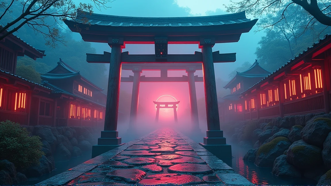 New 2087、A corner of Tokyo、the trance synth shakes the air {x} the old shrine is illuminated by red and blue neon lights。torii gate,、drops of water shine on the torii gate。the record board rolls on the stone steps、the house beat echoes from a distance。fog covers the approach to the shrine、The soul of jazz drifts。
