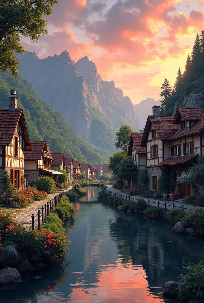 a small village by the river, mountains in the background, floral flowers colorful, detailed landscape, Beautiful natural landscapes, atmospheric lighting, scorching sunset, warm colours, practical, photopractical, Detailed Foliage, complex buildings girl and man  ??????? real hard, cobblestone street, Charming country house, swirly vibrant colors, lush vegetation, Still water reflections, Picturesque, idyllic, work of art, best qualityer, 8k, extremely detaild,anime styling