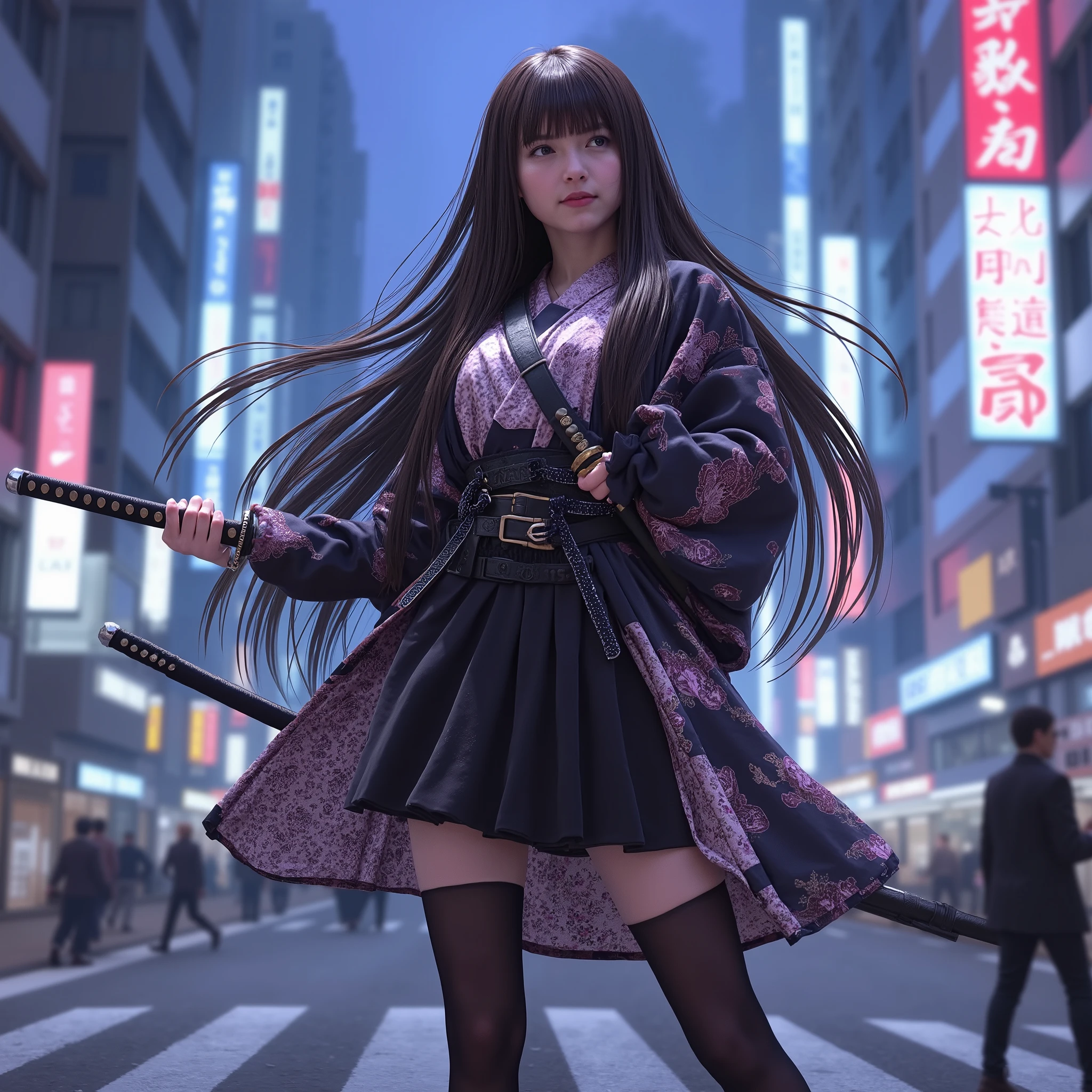 (haori,:1), Japanese sword ,Shiny Hair, skirt,black stockings, pedestrian crossing
