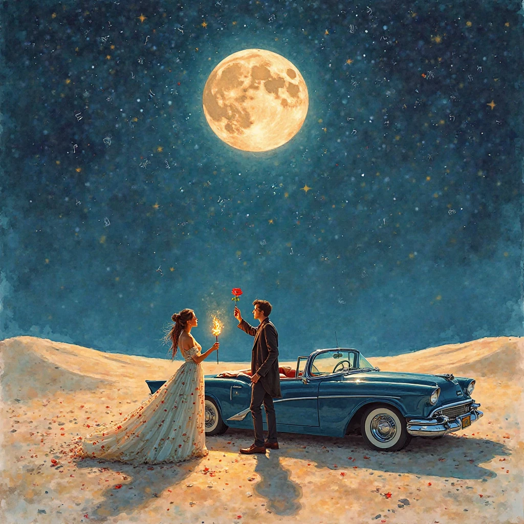 A water colour image of A surreal moonlit desert with a vintage convertible parked under a glowing full moon. A couple stands by the car—she’s in a flowing, starry gown that blends with the night sky, he’s in a velvet jacket, lighting a rose on fire. The sand sparkles like stardust, and musical notes float in the air like whispers. There's a haunting beauty, a sense of eternal love, rebellion, and a promise to “die with a smile” under the stars