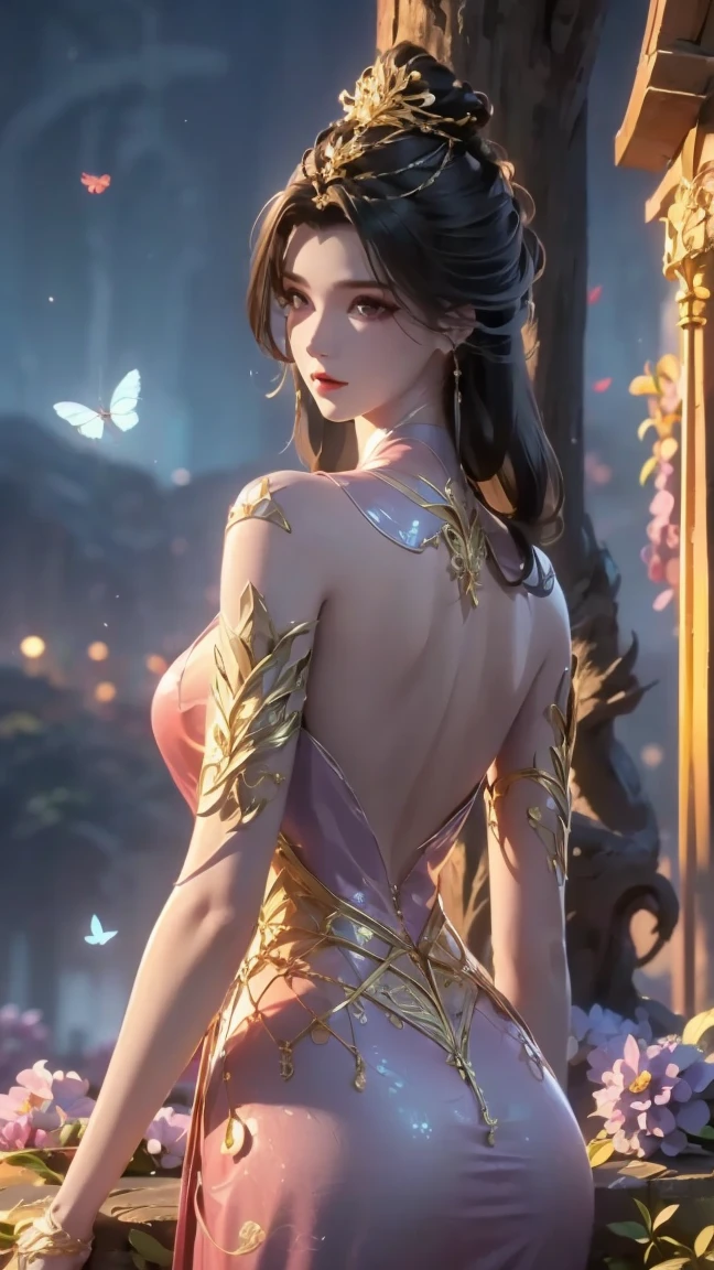 (Masterpiece, top quality, best quality, official art, Beauty and aesthetics: 1.2), (1 girl: 1.3), very detailed, (fractal art: 1.2), colorful, highest detail, (zentangle: 1.2), (dynamic pose), (abstract background: 1.5), (three-layer dress: 1.2), (shiny skin), (multiple colors: 1.4), upper body, transparent gauze, off-the-shoulders, blooming flower field, glowing skin, light smile, sexy, bust, nudity, looking back, from below, butt up waiting, bursting breasts, T-line pants, huge breasts，