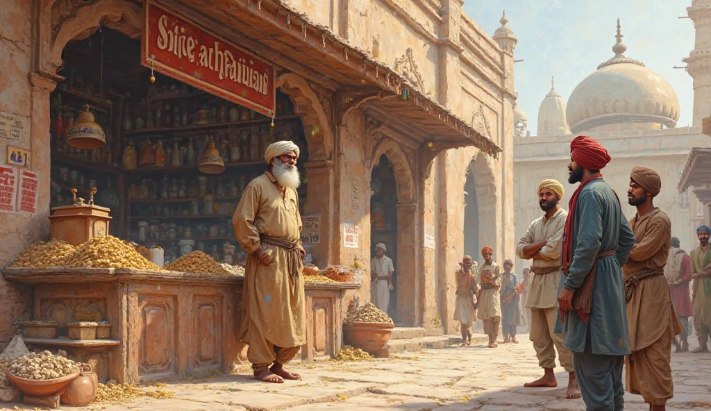 A Mughal-era Indian market scene with a humble, honest shopkeeper standing outside his small spice and grain shop. The shopkeeper is an older man with a white beard, wearing simple traditional clothes and a light turban. He looks calm and kind. In the foreground, three young Indian friends observe him curiously — one cheerful (in a light brown kurta and maroon turban), one serious (dark blue kurta and red turban, arms crossed), and one curious (cream kurta, green scarf, brown turban, leaning forward). Background includes domed architecture, warm sunlight, and light crowd activity. Semi-realistic digital painting, soft earthy tones, white background optional for clarity."