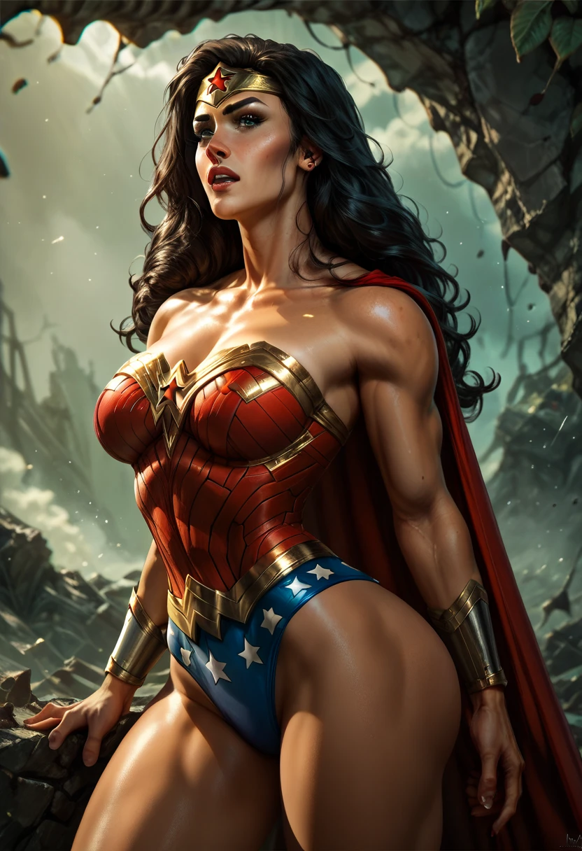 (Masterpiece, Top Quality),1girl ,{{Depth of field}}, Hyper detail, 1woman, (Victoria's Secret Model Wonder Woman), Single, Full Body, (Intricate Details, Makeup), (Delicate and beautiful delicate face, delicate and beautiful delicate eyes, face with perfect proportions), High-detail skin, delicate skin, Best proportions Four fingers and one thumb, strong and realistic blue eyes, realistic black hair, lips, makeup, natural skin texture, tiara, leotard, bulletproof cuffs, red boots, (public clothing:1.3), slightly sunburned, mature, sexy, elastic muscles, (muscles:1.3), ((strong and healthy body)), ((((((more) muscles))), wet body, wet hair, long legs, curves, thick thighs, wide buttocks, thin legs, (big breasts: 1.2), thin waist, soft waist, (delicate skin), (glossy skin), (beautiful and sexy woman), (swollen lips: 0.9), (eyelashes: 1.2), very delicate muscles definition, crossing arms behind the back posture, A dystopian ghettor controlled by local gangs armed with hacked police weapons such as LED panel lights, EMP blasters and taser shotguns arranged in a square shape to mimic existing interior fixtures, ((top quality)), ((masterpiece)), ((realistic)), (detailed),