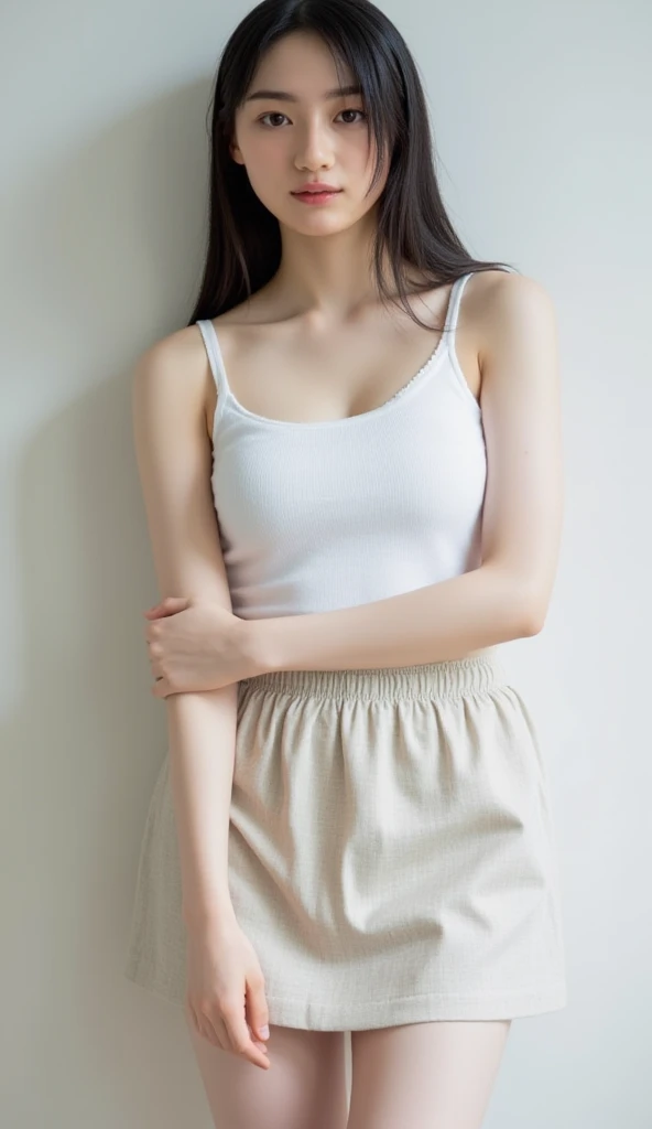 masutepiece, Best Quality, 8K, 18 yo, very beautiful Korean young girl, very beautiful face, sweet and cute face, skinny body, slender girl, slim waist, flat belly, beautiful tight round perfect breasts, beautiful tight perfect butt, slim small arms, slim small legs, slim small thighs, white skin, perfect skin,pale and soft skin,Raw photo, Soft light, Professional Lighting, Solo, Smile, close up, Face, close up, Cute, Girly, Goddess, Delicate girl, Neat and clean beauty, Full body, Digital SLR, Candid, Sophisticated, (Eyes and faces with detailed:1.0), Medium short hair swaying in the wind, Bangs, very tight Tank top, short Pants,Pink sneakers, in bedroom, standing,lift her hands up the wall, beautiful big breasts , without bra
