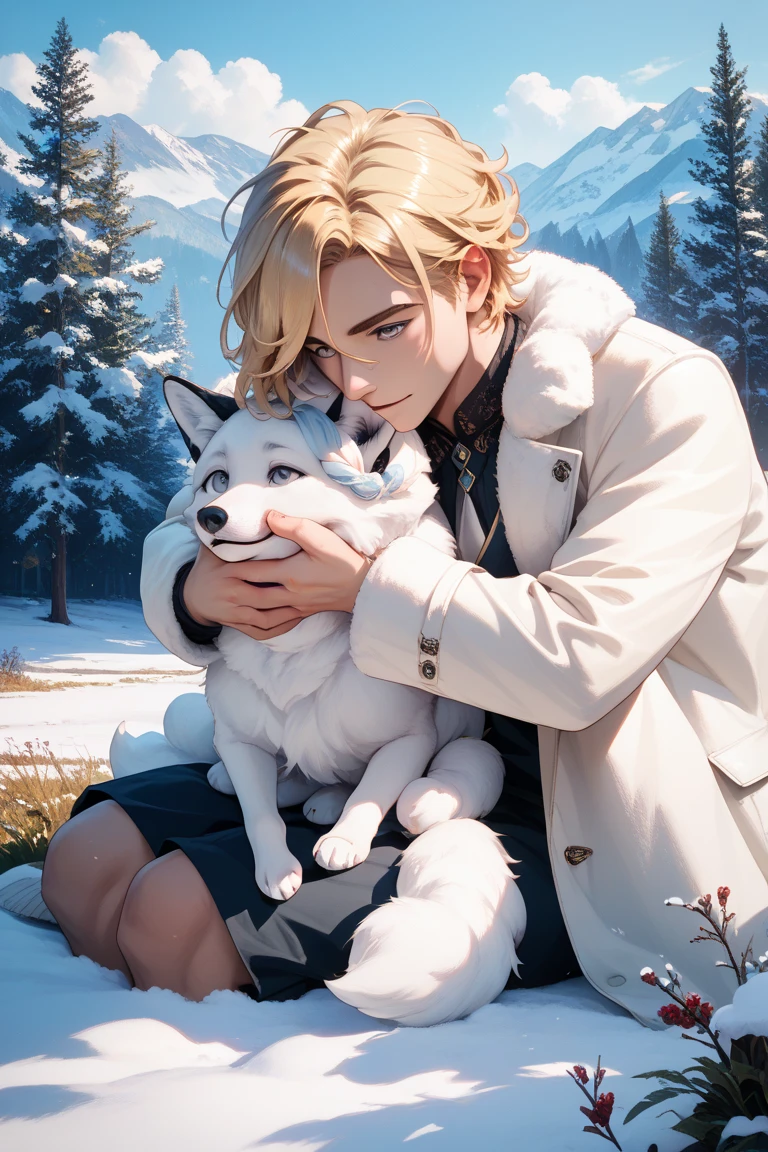anime man, manhwa drawing, blonde, grey eyes, elegant hairstyle, detailed hair, medium-lenght hair, in fluffy white fur coat, sitting on grass under snow, petting white fox, snowdrops