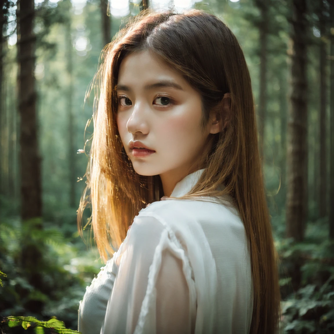 Brown-skinned woman, with vulgar clothes, black hair and honey eyes, at a forest