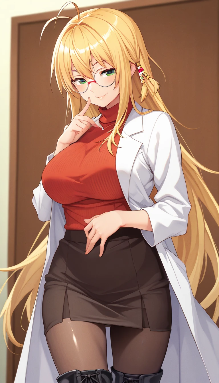 score_9, score_8_up, score_7_up, score_6_up, score_5_up, score_4_up,
source_anime, realistic,
1 girl, standing, cowboy shot, hospital,
BREAK
<lora:ReikaKurashikiXLpony006:1> ReikaKurashiki, solo, 
large breasts, milf, mature woman,
blonde, long hair, blue eyes, earrings, red glasses,
white lab coat, black turtleneck, 
sultry smile,