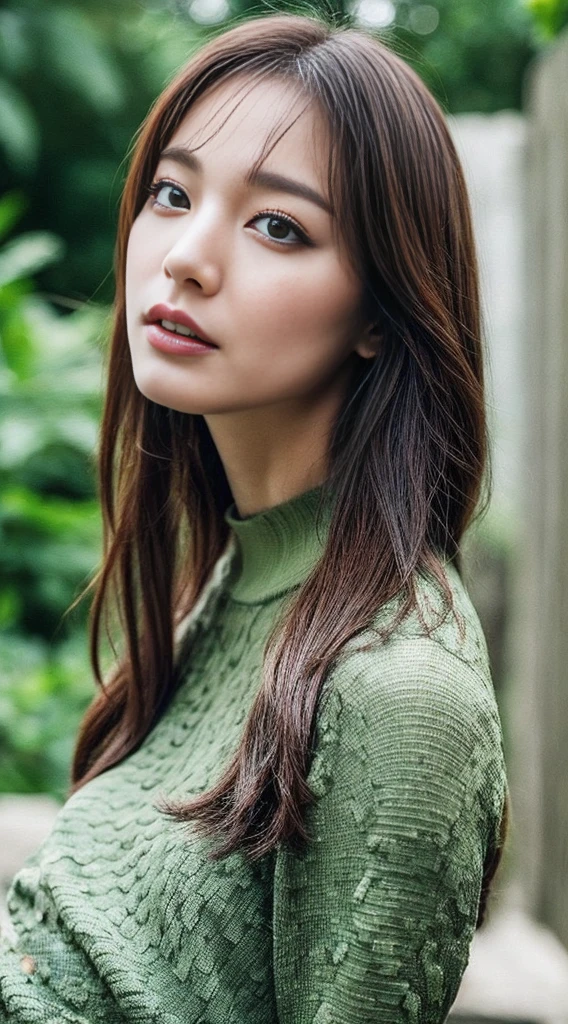Portrait photo of woman in green with ton logo
